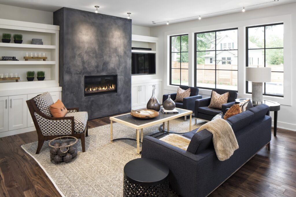 Modern living room interior with fireplace and seating