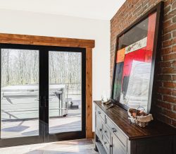 Interior sliding glass door with wood trim